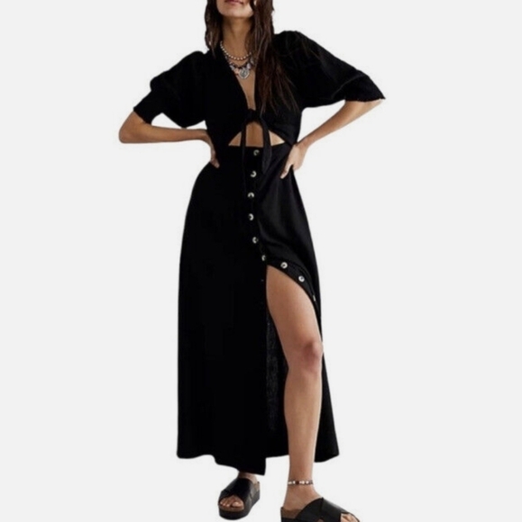 NWT Free People String of Hearts Cut Out Smocked Maxi Dress black Size XS - Picture 5 of 12